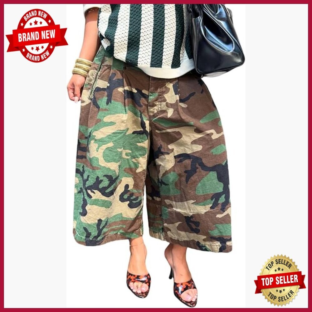 High Waisted Wide Leg Barrel Pants Camo Palazzo Casual Trousers